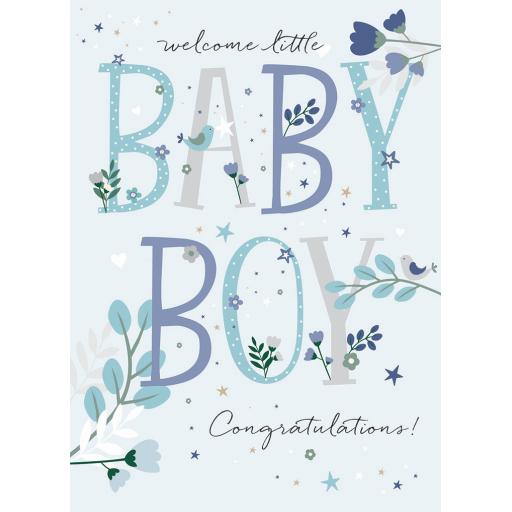 New Baby Card - Text & Flowers (Baby Boy)